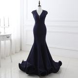 Elegant Mermaid V-Neck Cap Sleeve Pearls Satin Court Train Prom Dress Party Dress WH28248