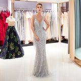 Elegant Mermaid Deep V-Neck Sleeveless Sequins Beading Tulle Sweep Train Prom Dress Party Dress WH75681