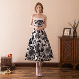 Vintage A Line Strapless Tea Length Satin Homecoming Dress With Embroidery Flowers WH16622