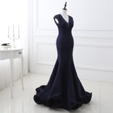 Elegant Mermaid V-Neck Cap Sleeve Pearls Satin Court Train Prom Dress Party Dress WH28248