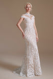 Elegant Cap Sleeves Lace Mermaid Long Beach Wedding Dresses