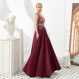 Stunning A Line Deep V-Neck Sleeveless Beading Tulle Floor Length Prom Dress WH61330