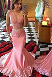 Mermaid Pink Lace See Through Sleeveless Beads V-Neck Long Prom Dress