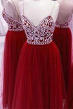 Burgundy Spaghetti Straps Beading Long Evening Dresses