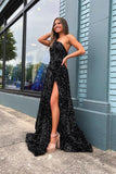 A-line One Shoulder Black Sequins Prom Dress with Slit N127