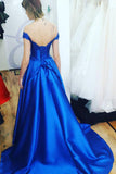 Royal Blue Sweetheart Off the Shoulder Satin Lace up Prom Dresses with Appliques PW682