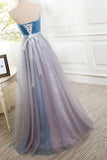 Vintage Tulle Long Strapless Blue Lace-up Prom Dress