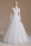 A Line Lace Appliques Long Sleeve Tulle Chapel Train Wedding Dress