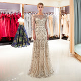 A Line 3/4 Sleeve Beading Sweep Train Prom Dress Party Dress WH96683