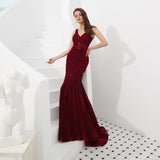 Mermaid V-Neck Beads Sleeveless Burgundy Tulle Prom Dress WH70303