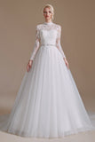 A Line Lace Appliques Long Sleeve Tulle Chapel Train Wedding Dress