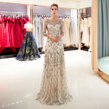 A Line 3/4 Sleeve Beading Sweep Train Prom Dress Party Dress WH96683