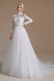 A Line Lace Appliques Long Sleeve Tulle Chapel Train Wedding Dress