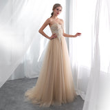 A Line Strapless Appliques Tulle Sweep Train Prom Dress WH22655