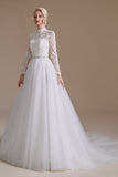 A Line Lace Appliques Long Sleeve Tulle Chapel Train Wedding Dress