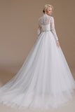 A Line Lace Appliques Long Sleeve Tulle Chapel Train Wedding Dress