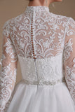 A Line Lace Appliques Long Sleeve Tulle Chapel Train Wedding Dress