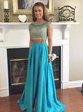 Stunning Two Piece Bateau Cap Sleeves Sweep Train Taffeta Prom Dress with Beading PM603