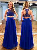 Two Piece Jewel Sleeveless Royal Blue Beaded Prom Dress