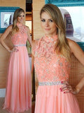 High Neck Floor-Length Sleeveless Peach Lace Prom Dress with Beading PM585