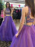 Two Piece High Neck Open Back Floor-Length Beaded Prom Dress PM587