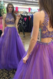 Two Piece High Neck Open Back Floor-Length Beaded Prom Dress PM587