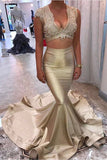 Two Piece V-Neck Court Train Sleeveless Gold Satin Appliques Sleeveless Prom Dresses uk PM278