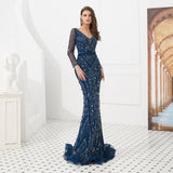 Mermaid V-Neck Long Sleeve Sequins Navy Blue Tulle Prom Dress With Sequins WH91693