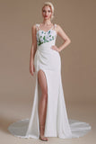 Simple Spaghetti Straps Appliques Sweep Train High Split Prom Dress Wedding Dress