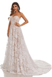 Beauty Sweetheart Strapless A Line Lace Chapel Trailing Long Prom Dresses