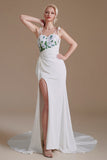 Simple Spaghetti Straps Appliques Sweep Train High Split Prom Dress Wedding Dress