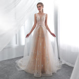 A Line See-through Lace Court Train Prom Dress WH33668