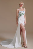 Simple Spaghetti Straps Appliques Sweep Train High Split Prom Dress Wedding Dress