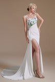 Simple Spaghetti Straps Appliques Sweep Train High Split Prom Dress Wedding Dress