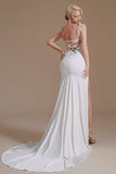 Simple Spaghetti Straps Appliques Sweep Train High Split Prom Dress Wedding Dress