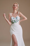 Simple Spaghetti Straps Appliques Sweep Train High Split Prom Dress Wedding Dress