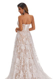 Beauty Sweetheart Strapless A Line Lace Chapel Trailing Long Prom Dresses