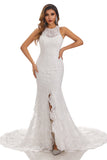 Mermaid Halter Open Back Front Split Chapel Trailing Lace Wedding Dresses