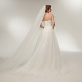 Elegant A Line Strapless Feathers Ivory Tulle Court Train Wedding Dress WH24631