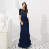 Unique Column Half Sleeve Beading Navy Blue Lace Prom Dress WH43305