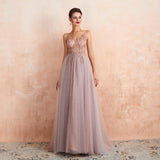 A Line Spaghetti Straps V-Neck Sleeveless Beading Split Tulle Sweep Train Prom Dress WH46359