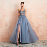 A Line Spaghetti Straps V-Neck Sleeveless Beading Split Tulle Sweep Train Prom Dress WH46359