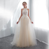 A Line Lace Halter Sleeveless Court Train Wedding Dress With Flowers WH24656