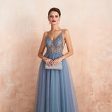 A Line Spaghetti Straps V-Neck Sleeveless Beading Split Tulle Sweep Train Prom Dress WH46359