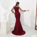 Gorgeous Mermaid Long Sleeves Beading Burgundy Satin Prom Dress WH49306