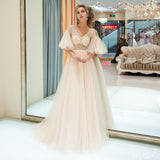 A Line V-Neck Half Sleeve Beading Split Tulle Court train Prom Dress WH54688