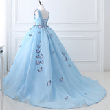 Cute Ball Gown V-Neck Sleeveless Appliques Tulle Court Train Prom Dresses WH26406