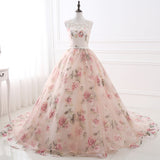 Elegant Ball Gown Sleeveless Appliques Floral Tulle Court Train Prom Dress Party Dress WH26405