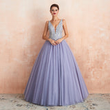 Ball Gown V-Neck Sleeveless Appliques Tulle Floor Length Prom Dress WH44361