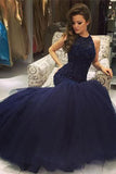 Mermaid Navy Scoop Sleeveless Prom Dresses with Beading PM666